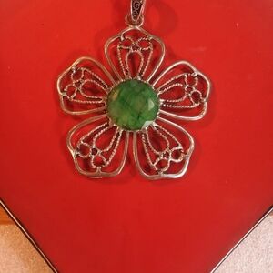 Elegant, Silver-Tone, Faceted Green Emerald Pendant Shaped In  X-Large Flower.